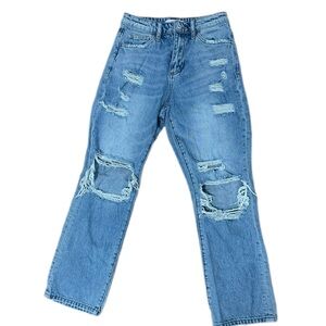 Ceros High Waisted Distressed Straight Leg Jeans Light Wash